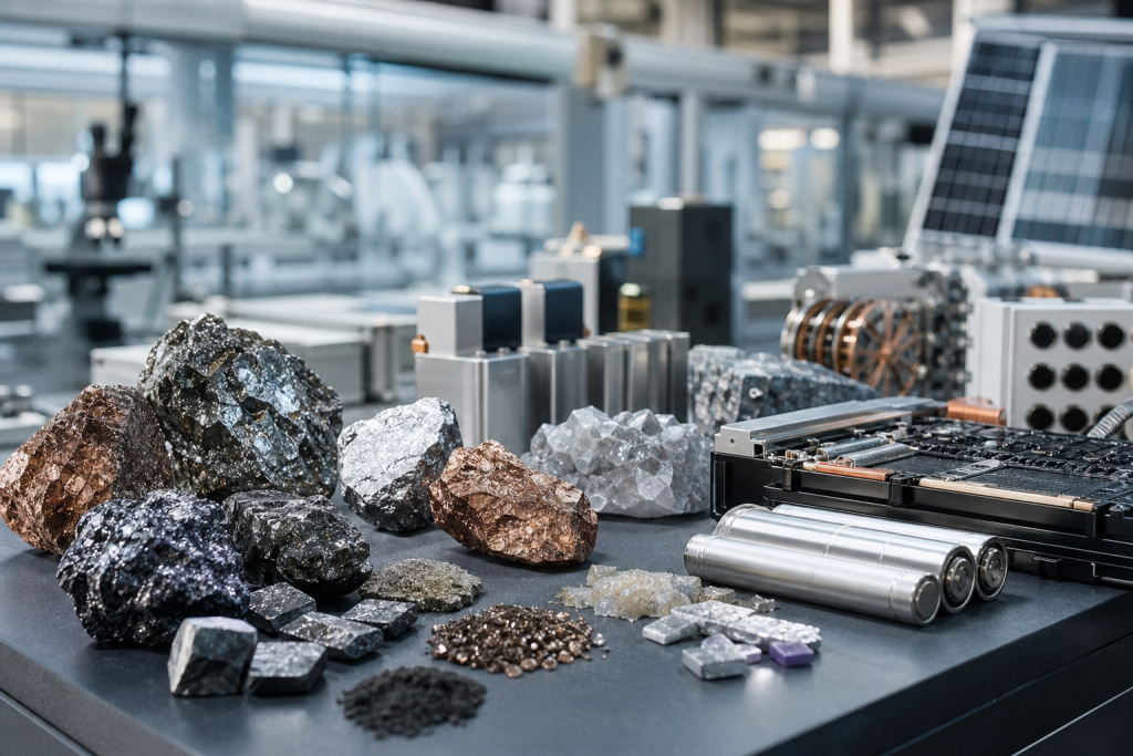 Brasil cria política nacional para minerais críticos e prevê até R$ 7 bilhões em investimentos Amostras de minerais ao lado de componentes usados em tecnologias de energia e eletrônica
