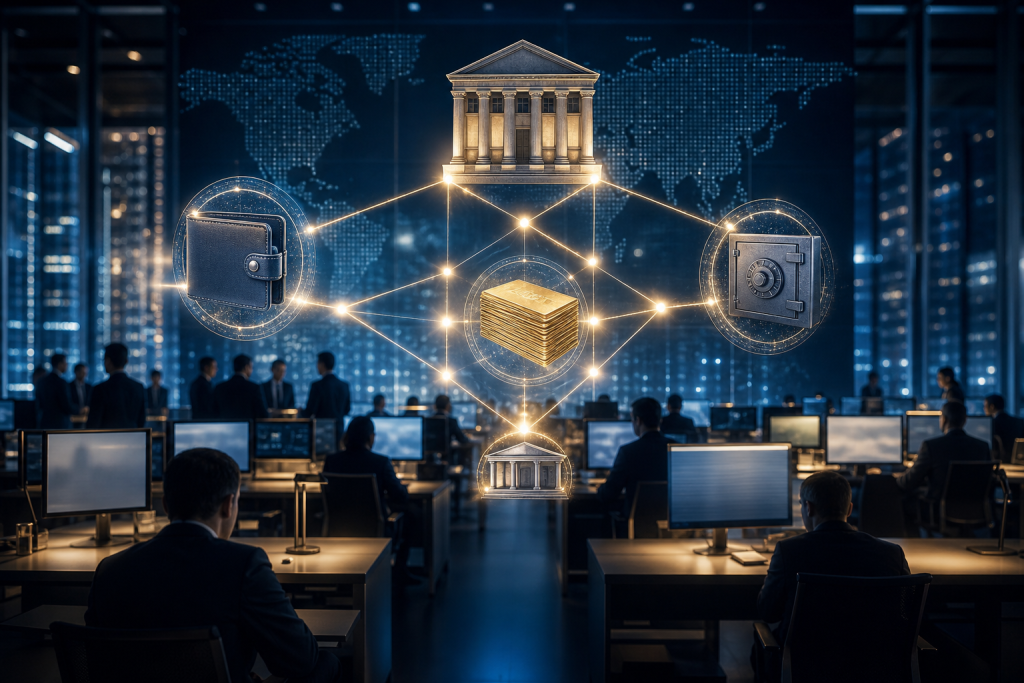 Representação visual de ativos financeiros tokenizados circulando entre instituições em uma rede blockchain