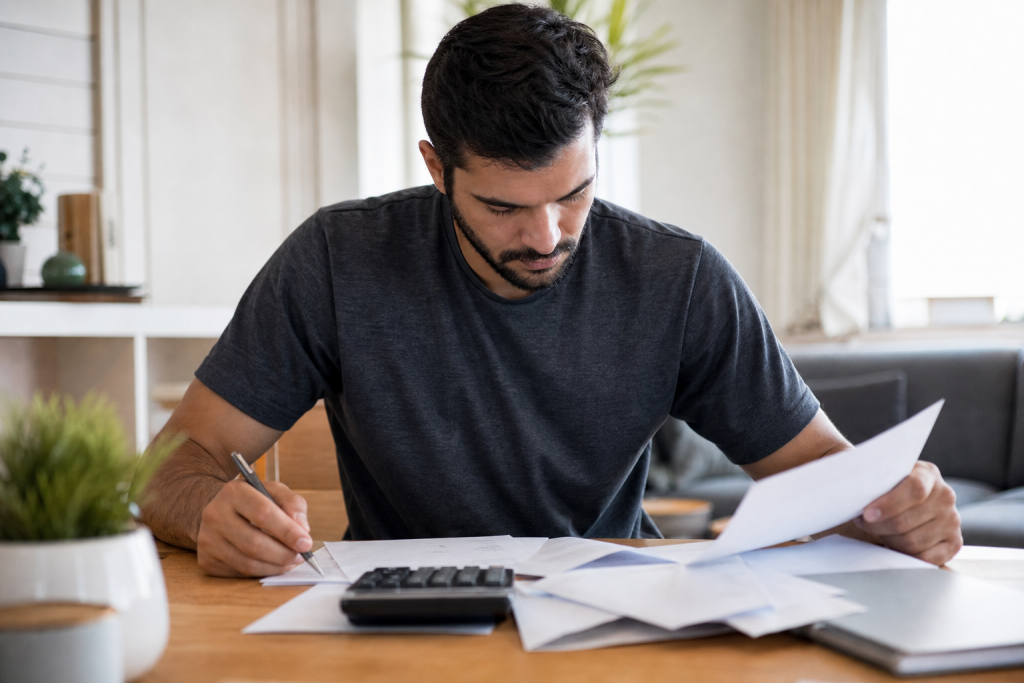 Desenrola Brasil 3.0 cria nova frente para renegociar dívidas de pessoas físicas Pessoa analisando contas e documentos financeiros sobre uma mesa em ambiente doméstico, sem textos legíveis ou logotipos